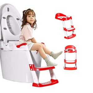 potty training toilet seat for kids with non-slip step stool ladder,children toddler folding toilet training seat chair with soft cushion and handles, height adjustable perfect for girls and boys(red)