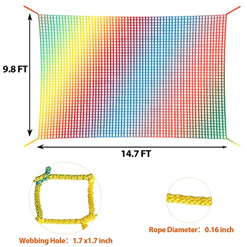 Toriexon Playground Safety Net 14.7' X 9.8', Double Layers Climbing Cargo Net for Kids, Multicolored Playground Net for Obstacle Training, Tree House, Back Yard etc.