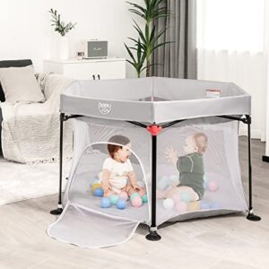 baby joy 53'' outdoor baby playpen, portable large play yard for babies and toddlers w/removable uv canopy, bag, padded mat, foldable travel baby beach tent play pens for both indoors and yard grey