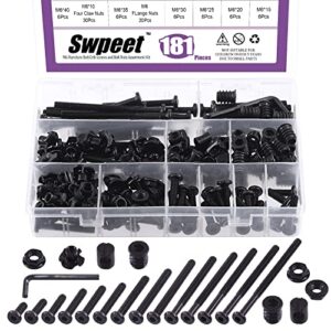 swpeet 181pcs m6 x 15mm - 80mm black zinc flat head hex socket cap baby crib bed bolts and threaded insert nuts with flange nuts and 4 pronged tee t nuts kit with allen wrench