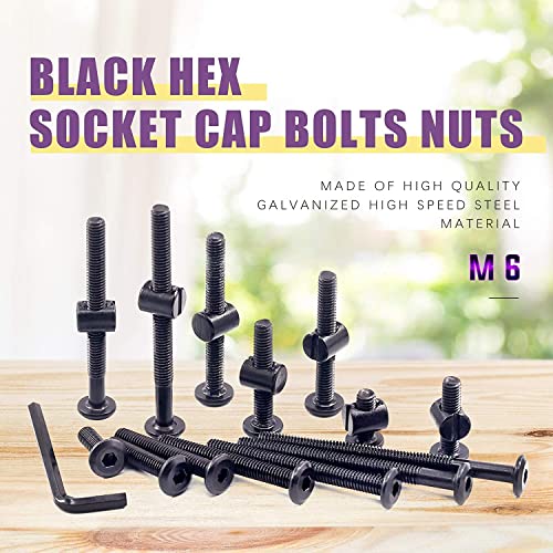 Swpeet 181Pcs M6 x 15mm - 80mm Black Zinc Flat Head Hex Socket Cap Baby Crib Bed Bolts and Threaded Insert Nuts with Flange Nuts and 4 Pronged Tee T Nuts Kit with Allen Wrench