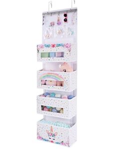 wernnsai unicorn over door hanging organizer - baby storage with 4 large pockets 3 clear small pockets for kids 49” x 14” over the door storage toys towels sundries for children room bedroom kitchen