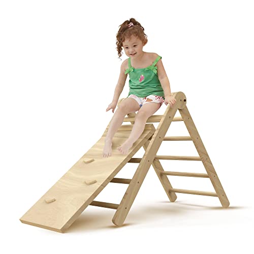 BENKRYFREJA Beech Pikler Triangle Set, Folding Baby Climbing Toys for Toddlers 1-3, Triangle with Ramp and Slide, Adjustable Angle Toddler Climbing Toys Indoor, Stable Wooden Montessori Jungle Gym