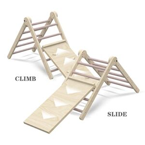 BENKRYFREJA Beech Pikler Triangle Set, Folding Baby Climbing Toys for Toddlers 1-3, Triangle with Ramp and Slide, Adjustable Angle Toddler Climbing Toys Indoor, Stable Wooden Montessori Jungle Gym