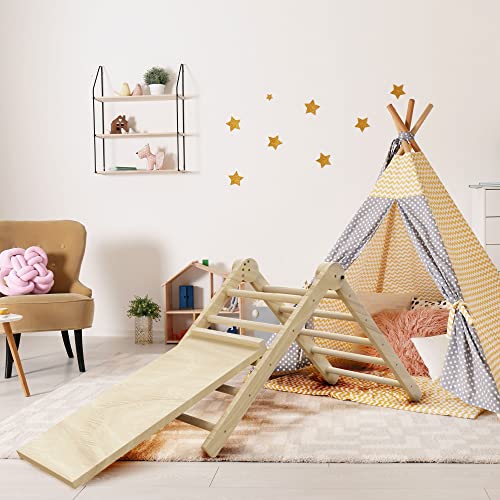 BENKRYFREJA Beech Pikler Triangle Set, Folding Baby Climbing Toys for Toddlers 1-3, Triangle with Ramp and Slide, Adjustable Angle Toddler Climbing Toys Indoor, Stable Wooden Montessori Jungle Gym