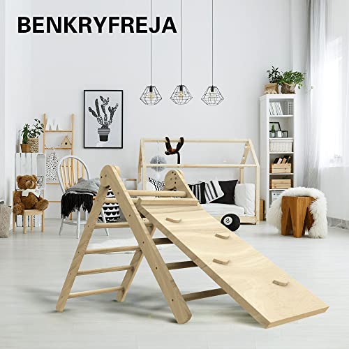 BENKRYFREJA Beech Pikler Triangle Set, Folding Baby Climbing Toys for Toddlers 1-3, Triangle with Ramp and Slide, Adjustable Angle Toddler Climbing Toys Indoor, Stable Wooden Montessori Jungle Gym