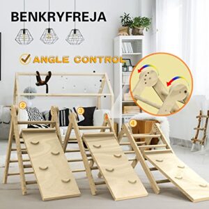 BENKRYFREJA Beech Pikler Triangle Set, Folding Baby Climbing Toys for Toddlers 1-3, Triangle with Ramp and Slide, Adjustable Angle Toddler Climbing Toys Indoor, Stable Wooden Montessori Jungle Gym