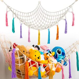 hongteya stuffed animal net or hammock large plush toy net hammock holder for corner stuffed animal storage ideas hanging plushie toy organizers net with boho macrame tassels 57inch