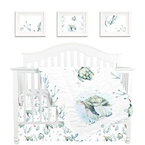 3pcs crib bedding set baby minky blanket nursery bed skirt set for baby girls & boys(green sea turtle，3pc set)