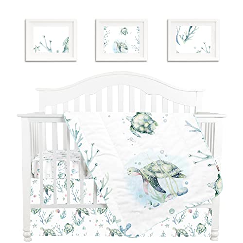 3PCS Crib Bedding Set Baby Minky Blanket Nursery Bed Skirt Set for Baby Girls & Boys(Green sea Turtle，3pc Set)