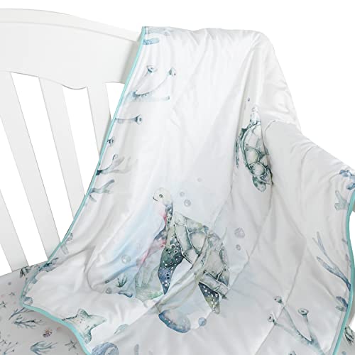 3PCS Crib Bedding Set Baby Minky Blanket Nursery Bed Skirt Set for Baby Girls & Boys(Green sea Turtle，3pc Set)