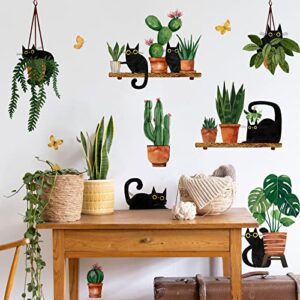 yovkky black cats potted plant wall decals stickers, cartoon kitty botanical bonsai nursery playroom decor, cactus kids bedroom home classroom living room kitchen decorations art