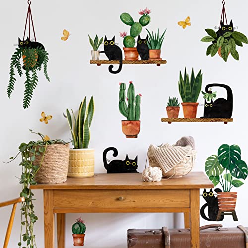 Yovkky Black Cats Potted Plant Wall Decals Stickers, Cartoon Kitty Botanical Bonsai Nursery Playroom Decor, Cactus Kids Bedroom Home Classroom Living Room Kitchen Decorations Art