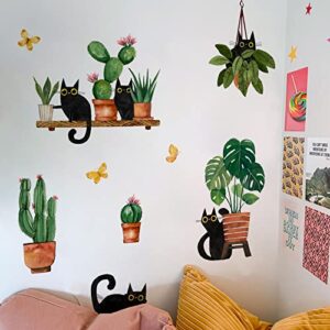 Yovkky Black Cats Potted Plant Wall Decals Stickers, Cartoon Kitty Botanical Bonsai Nursery Playroom Decor, Cactus Kids Bedroom Home Classroom Living Room Kitchen Decorations Art