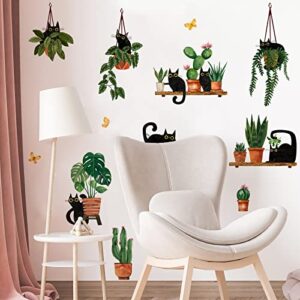 Yovkky Black Cats Potted Plant Wall Decals Stickers, Cartoon Kitty Botanical Bonsai Nursery Playroom Decor, Cactus Kids Bedroom Home Classroom Living Room Kitchen Decorations Art