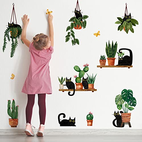 Yovkky Black Cats Potted Plant Wall Decals Stickers, Cartoon Kitty Botanical Bonsai Nursery Playroom Decor, Cactus Kids Bedroom Home Classroom Living Room Kitchen Decorations Art