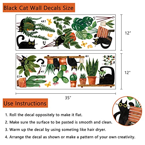 Yovkky Black Cats Potted Plant Wall Decals Stickers, Cartoon Kitty Botanical Bonsai Nursery Playroom Decor, Cactus Kids Bedroom Home Classroom Living Room Kitchen Decorations Art