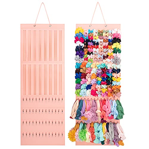 HUHYNN Headband and Hair Bow Holder for Baby Girl, Hanging Newborn Headband Organizer with 52 Hooks for Wall, Room, Door or Closet (Pink)