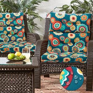magpie fabrics indoor outdoor tufted high back chair cushion set of 2, waterproof all-weather deep seating rocking chair patio chaise lounge sun lounger chair cushions(heronsbill turquoise green)