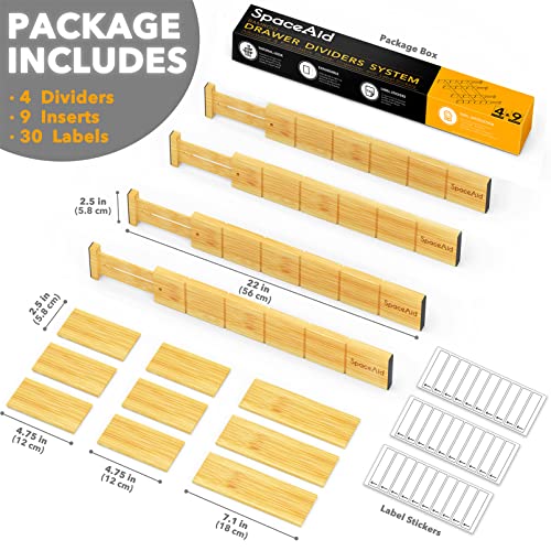 SpaceAid Bamboo Drawer Dividers with Inserts and Labels, 4 Dividers with 9 Inserts (17-22 in), 6 Dividers with 12 Inserts (17-22 in)