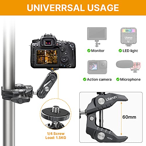 Super Clamp Multi-Functional Camera C Clamp Mount Setup for GoPro 11 10 Max INSTA360 Action Cam Video Clip Mount 1/4" Monitor Magic Arm Bracket w 3/8" Hole, for Fill Light, Vlog Camera, Monitor