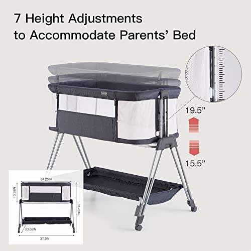 Baby Bassinets,Bedside Sleeper for Baby, Easy Folding Bedside Crib 7 Height Adjustable with All Mesh Baby Bed for Infant Newborn Girl Boy (Dark Grey)