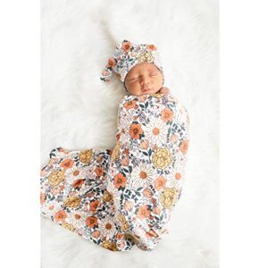 Konssy Baby Girl Newborn Receiving Blanket with Matching Headband and Beanie Set Baby Swaddle Floral Print Nursery Swaddle Wrap