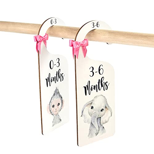 Double Sided Wood Closet Size Dividers for Baby girl Clothes Safari Animal Baby Clothing Size Age Dividers from Newborn Infant Nursery Closet Organizer with Ribbon, (0001)