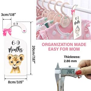 Double Sided Wood Closet Size Dividers for Baby girl Clothes Safari Animal Baby Clothing Size Age Dividers from Newborn Infant Nursery Closet Organizer with Ribbon, (0001)