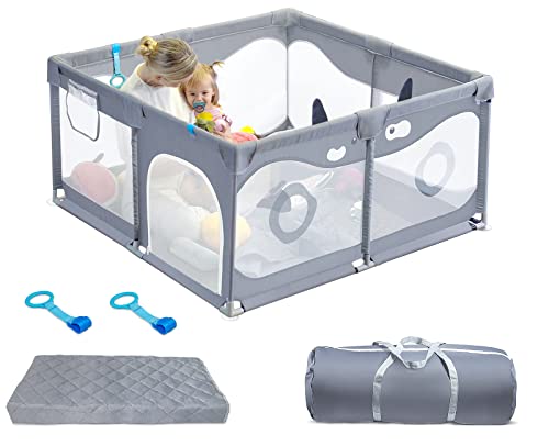 Baby Playpen,Letmudla Playpen with Mat,Upgraded Sturdy Play Pen with Gate,Easy to Assemble Play Yard,Safe Play Pens for Babies and Toddlers with Hand Rings,Outdoor&Indoor Activity Center for Infant