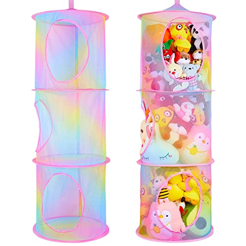 Basumee Stuffed Animals Net or Hammock 2Pcs Hanging Stuffed Animals Storage 3 Compartments Toy Net Hammock for Stuffed Animals Organizer Mesh Stuff Animals Hammock for Kids Girls Room, Rainbow