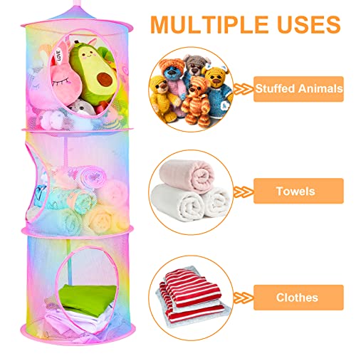 Basumee Stuffed Animals Net or Hammock 2Pcs Hanging Stuffed Animals Storage 3 Compartments Toy Net Hammock for Stuffed Animals Organizer Mesh Stuff Animals Hammock for Kids Girls Room, Rainbow