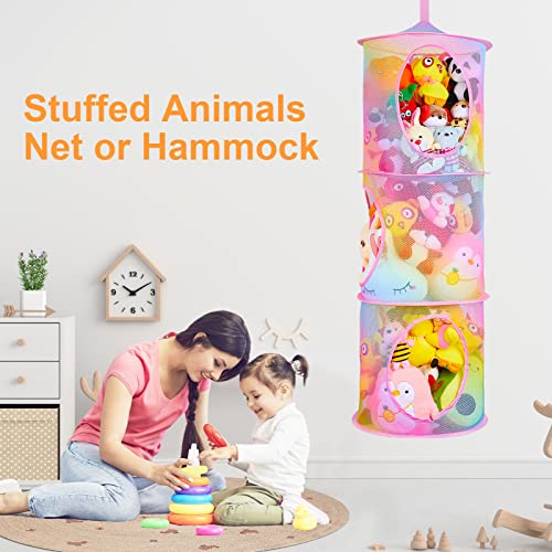 Basumee Stuffed Animals Net or Hammock 2Pcs Hanging Stuffed Animals Storage 3 Compartments Toy Net Hammock for Stuffed Animals Organizer Mesh Stuff Animals Hammock for Kids Girls Room, Rainbow