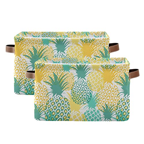 2 Pack Storage Basket Yellow Pineapple Tropical Collapsible Organizer Basket with Handles, Waterproof Nursery Storage Bin for Shelves