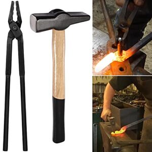 blacksmith forging tools kit wolf jaw tongs (16'') & blacksmith hammer anvil blacksmithing tongs hammer forge tools for making knife, forged tongs