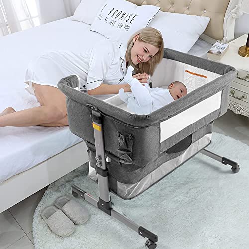 Baby Crib,3 in 1 Bedside Crib Adjustable Portable Bed for Infant,Baby Bassinet Baby Newborn Must Have Bed,Grey