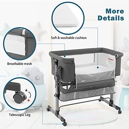 Baby Crib,3 in 1 Bedside Crib Adjustable Portable Bed for Infant,Baby Bassinet Baby Newborn Must Have Bed,Grey