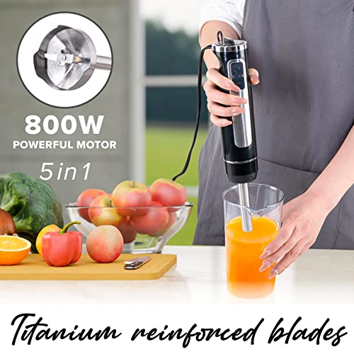 Powerlix 800W 5-in-1 Immersion Hand Blender - BPA Free 12 Speed Turbo Boost Titanium Reinforced Hand Held ABS Stainless Steel Stick, Electric Egg Whisk Milk Frother Chopper Blender with Bowl, Heavy Duty Food Processor for Baby Infant Food Shakes Smoothies