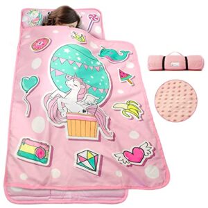 tanoshii® toddler nap mat with pillow and blanket, portable kids sleeping mats for daycare, preschool, 21" x 53", lightweight and soft sleeping bags for kids (unicorn, 21" x 53")