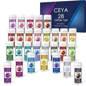 ceya holographic chunky glitter set 28 colors, 9.87oz/280g craft glitter powder mixed chunky fine sparkle flakes each 15ml iridescent nail sequins for epoxy resin nail art tumbler slime festival decor