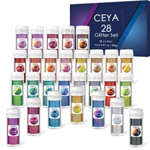 ceya holographic ultra fine glitter powder set 28 colors, 9.87oz/280g craft glitter 1/128” 0.008” 0.2mm for slime epoxy resin craft tumbler jewelry nail art festival makeup painting wedding cards
