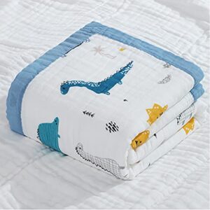 muslin baby blanket quilt - soft cotton 6 layers infant bath towel for boys, newborn nursery & toddler blankets 43x43 inches(blue dinosaur)