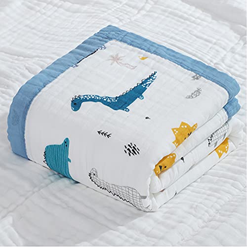 Muslin Baby Blanket Quilt - Soft Cotton 6 Layers Infant Bath Towel for Boys, Newborn Nursery & Toddler Blankets 43x43 Inches(Blue Dinosaur)