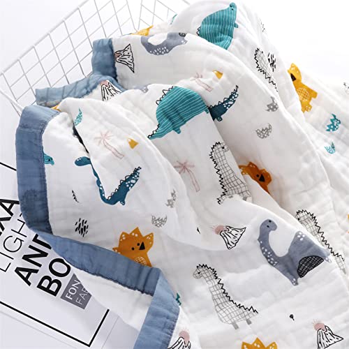 Muslin Baby Blanket Quilt - Soft Cotton 6 Layers Infant Bath Towel for Boys, Newborn Nursery & Toddler Blankets 43x43 Inches(Blue Dinosaur)