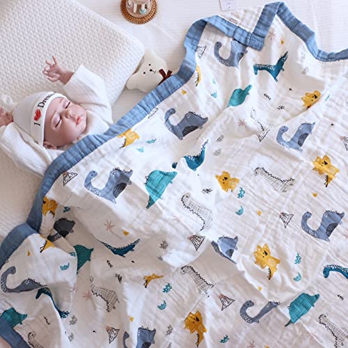 Muslin Baby Blanket Quilt - Soft Cotton 6 Layers Infant Bath Towel for Boys, Newborn Nursery & Toddler Blankets 43x43 Inches(Blue Dinosaur)