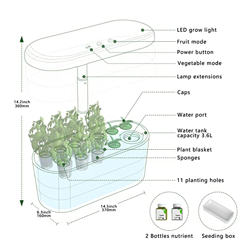 Vegebox Hydroponics Growing System, Indoor Herbs Kitchen Garden with Full Spectrum LED Grow Light, Plants Germination Kit 11 pods with Automatic Timer, Adjustable Height Up 14 inch to for Home