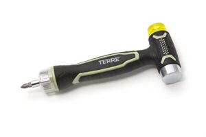 terre products, 6 in 1 double faced hammer tool, small rubber mallet hammer, built-in multi bit screwdriver, ergonomic non-slip tpr handle, perfect for crafts, jewelry, wood, auto, and flooring