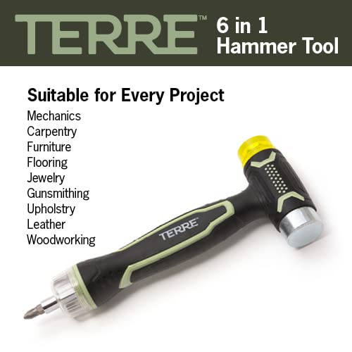 Terre Products, 6 in 1 Double Faced Hammer Tool, Small Rubber Mallet Hammer, Built-In Multi Bit Screwdriver, Ergonomic Non-Slip TPR Handle, Perfect for Crafts, Jewelry, Wood, Auto, and Flooring