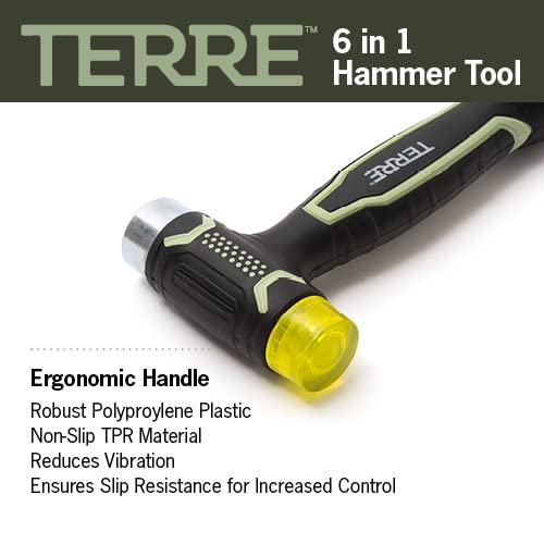 Terre Products, 6 in 1 Double Faced Hammer Tool, Small Rubber Mallet Hammer, Built-In Multi Bit Screwdriver, Ergonomic Non-Slip TPR Handle, Perfect for Crafts, Jewelry, Wood, Auto, and Flooring