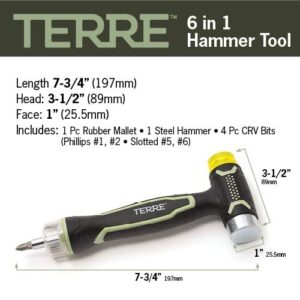 Terre Products, 6 in 1 Double Faced Hammer Tool, Small Rubber Mallet Hammer, Built-In Multi Bit Screwdriver, Ergonomic Non-Slip TPR Handle, Perfect for Crafts, Jewelry, Wood, Auto, and Flooring